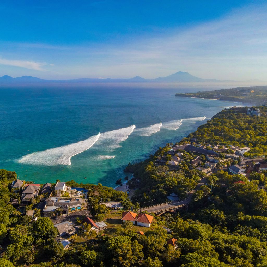 View of the waves breaking at Padang Padang and Impossibles.